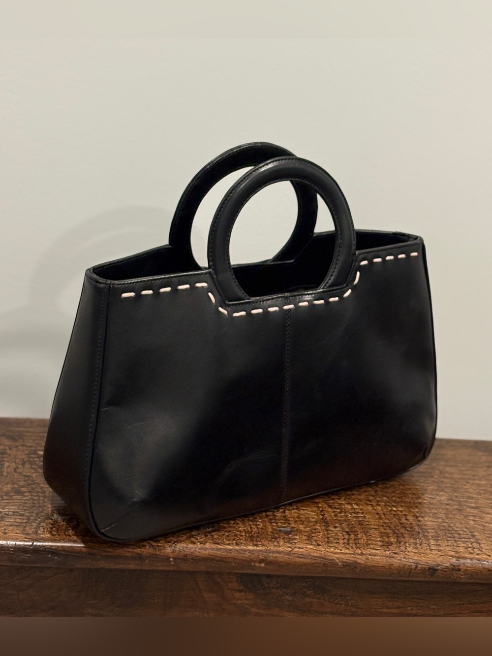 Vintage Black Leather Cutout Top Handle Handbag Y2K Contrast Stitch 13x8” - Picture 2 of 16